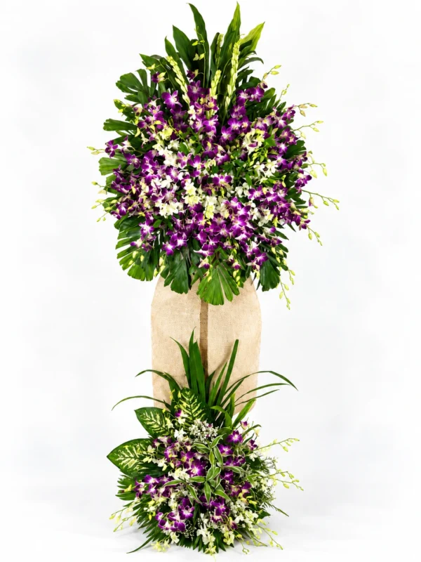 Amethyst purple orchid two-layer funeral stand with tuberose and palm fan leaves