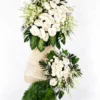 Everlight white anthurium two-layer funeral stand with dendrobium orchids, white mums and palm fan base